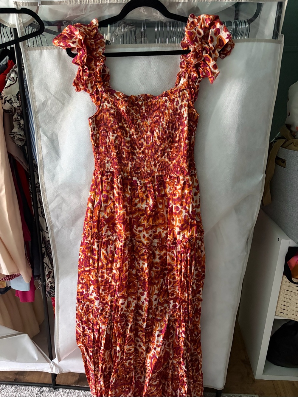 House of Harlow Floral Ruffle Strap Maxi Dress in Red and Orange